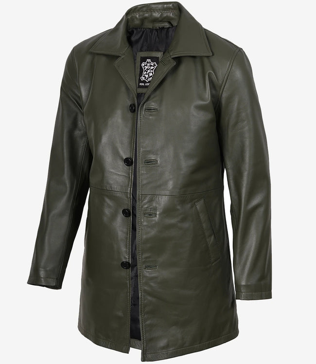 Men's Olive Green 3/4 Length Leather Car Coat