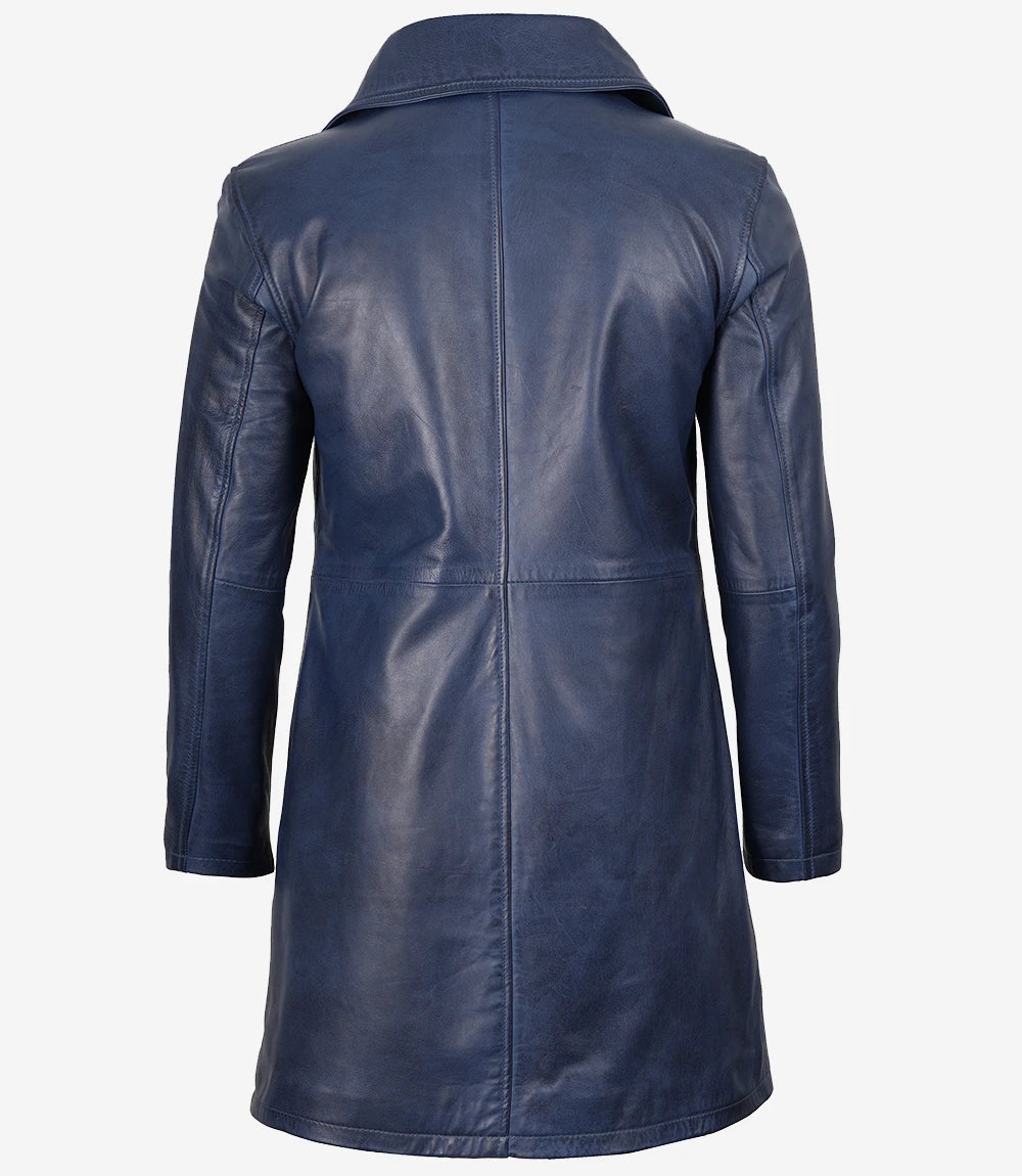 Mens Real Leather 3/4 Length Blue Car Coat