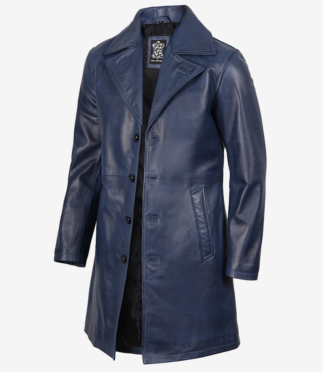 Mens Real Leather 3/4 Length Blue Car Coat