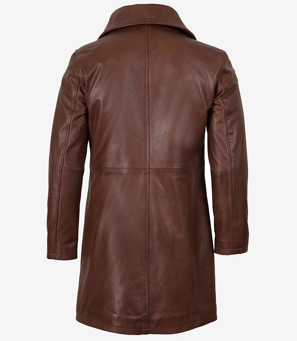 Mens Real Leather 3/4 Length Cognac Coat