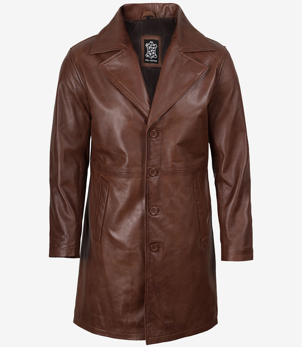 Mens Real Leather 3/4 Length Cognac Coat