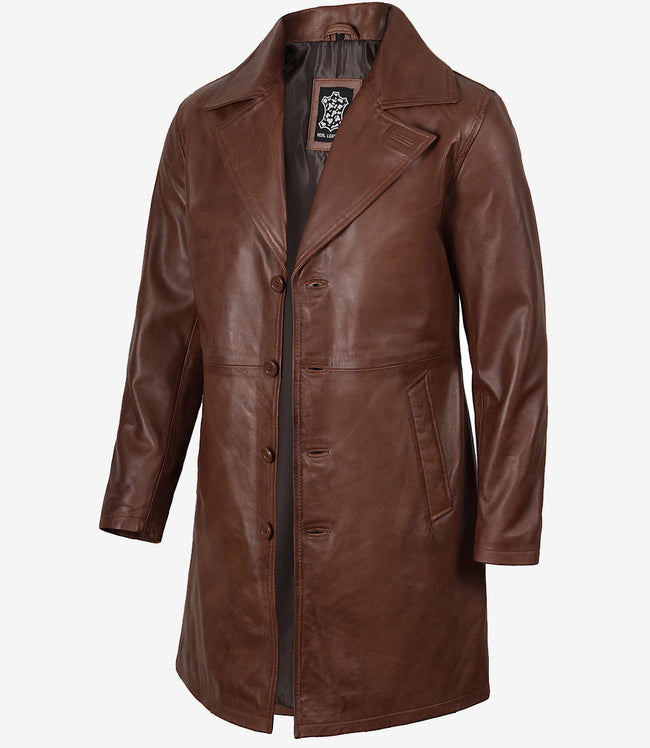 Mens Real Leather 3/4 Length Cognac Coat