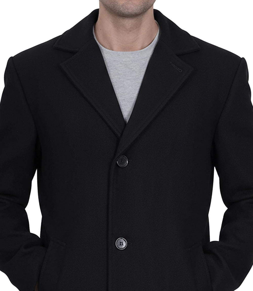 Men's Single-Breasted Black Wool Coat – Modern Fit