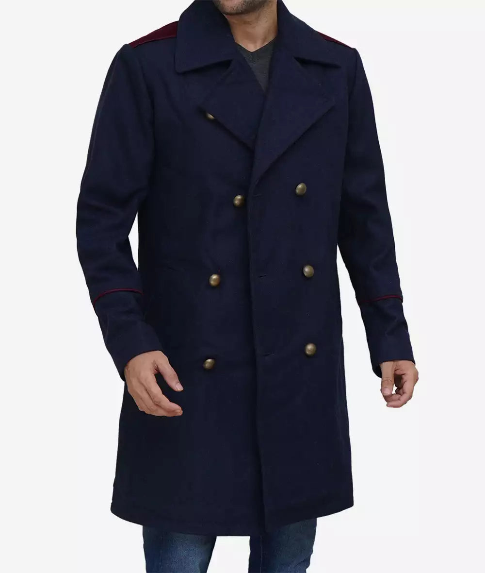 Mens Double Breasted Long Navy Blue Wool Coat
