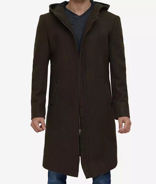 Mens Dark Green Hooded Wool Coat
