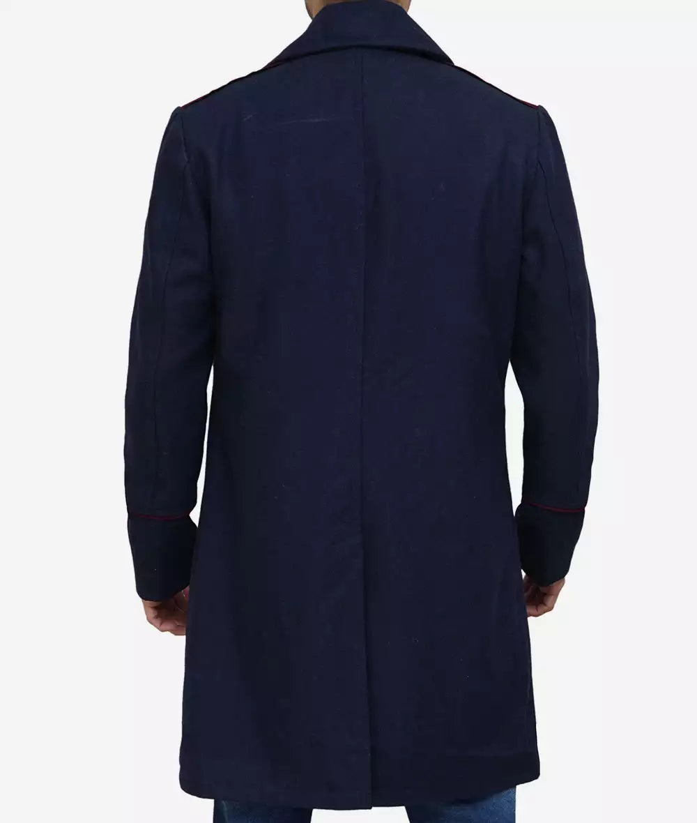 Mens Double Breasted Long Navy Blue Wool Coat