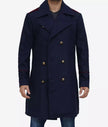 Mens Double Breasted Long Navy Blue Wool Coat