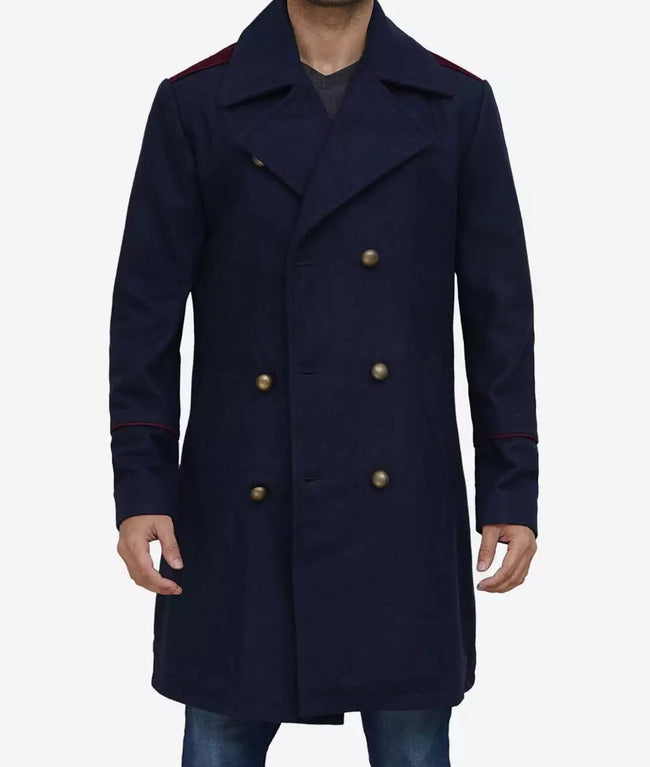 Mens Double Breasted Long Navy Blue Wool Coat