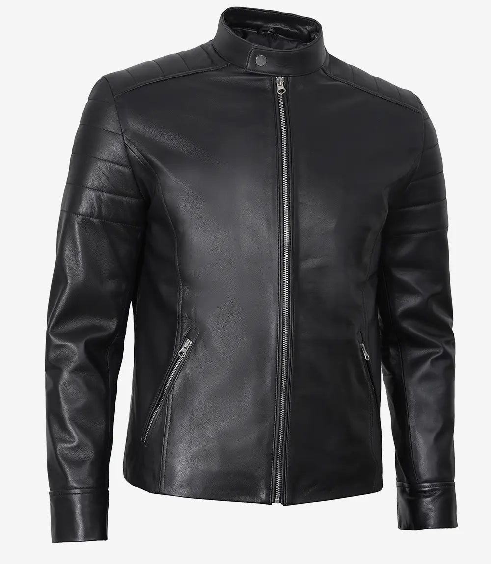 Black Leather Cafe Racer Jacket 