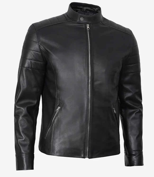 Black Leather Cafe Racer Jacket 