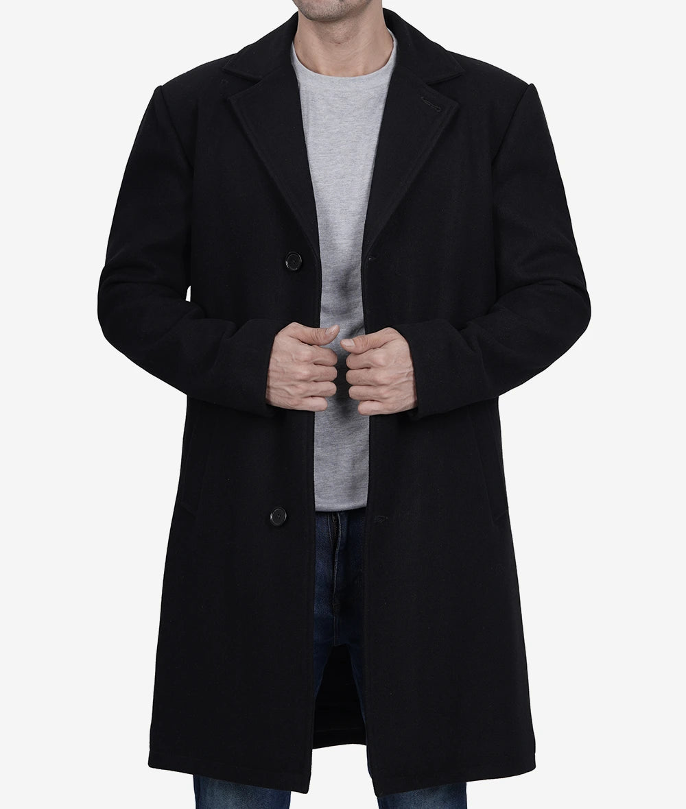 Single Breasted Knee Length Wool Coat Mens