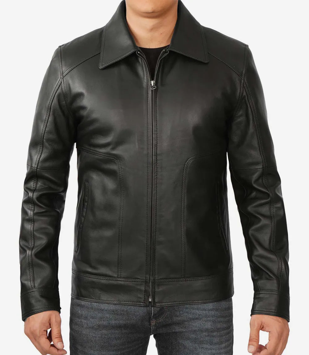 Mens Shirt Collar Classic Black Leather Jacket