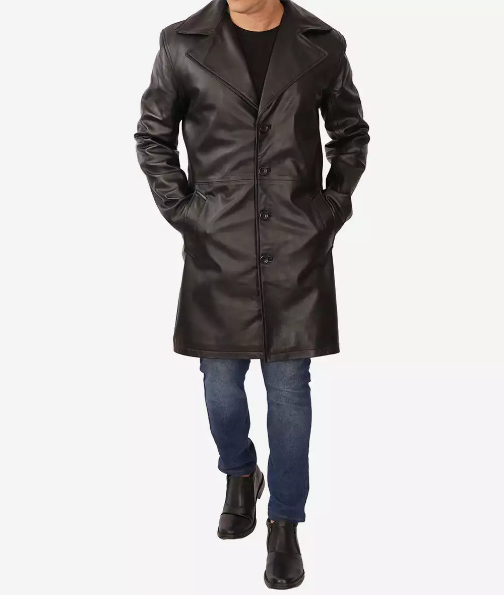 Jackson Mens Peak Lapel Long Black Leather Coat