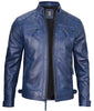 Mens Blue Quilted Shoulder Cafe Racer Leather Jacket