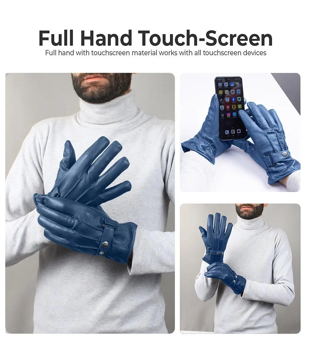 Mens Blue Real Leather Lined Gloves