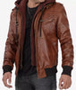 Mens Tall Brown Leather Bomber Jacket with Hood