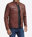 Mens Tall Cognac Brown Leather Cafe Racer Jacket