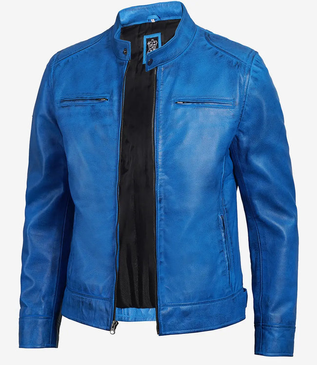 Mens Cafe Racer Blue Leather Jacket