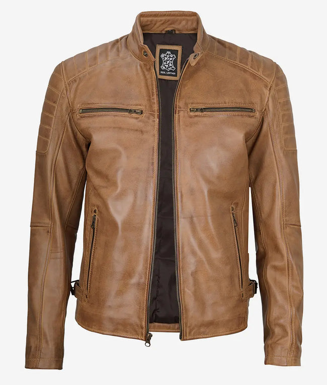 Mens Camel Cafe Racer Leather Jacket