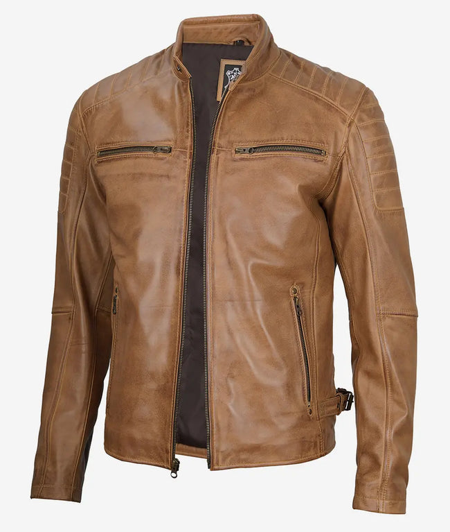 Mens Camel Cafe Racer Leather Jacket