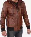 Mens Tall Brown Leather Bomber Jacket with Hood