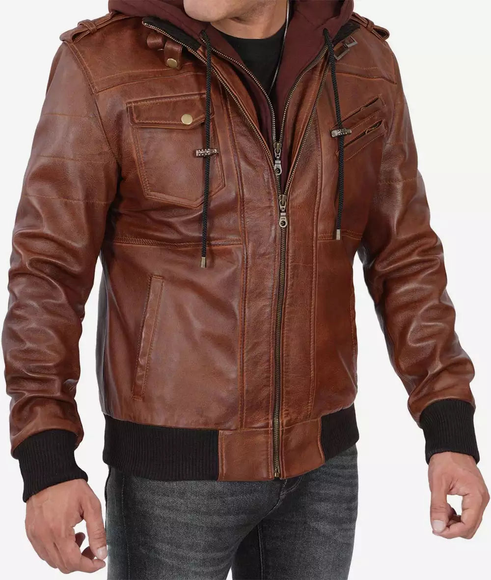 Mens Tall Brown Leather Bomber Jacket with Hood