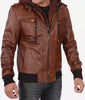 Mens Tall Brown Leather Bomber Jacket with Hood