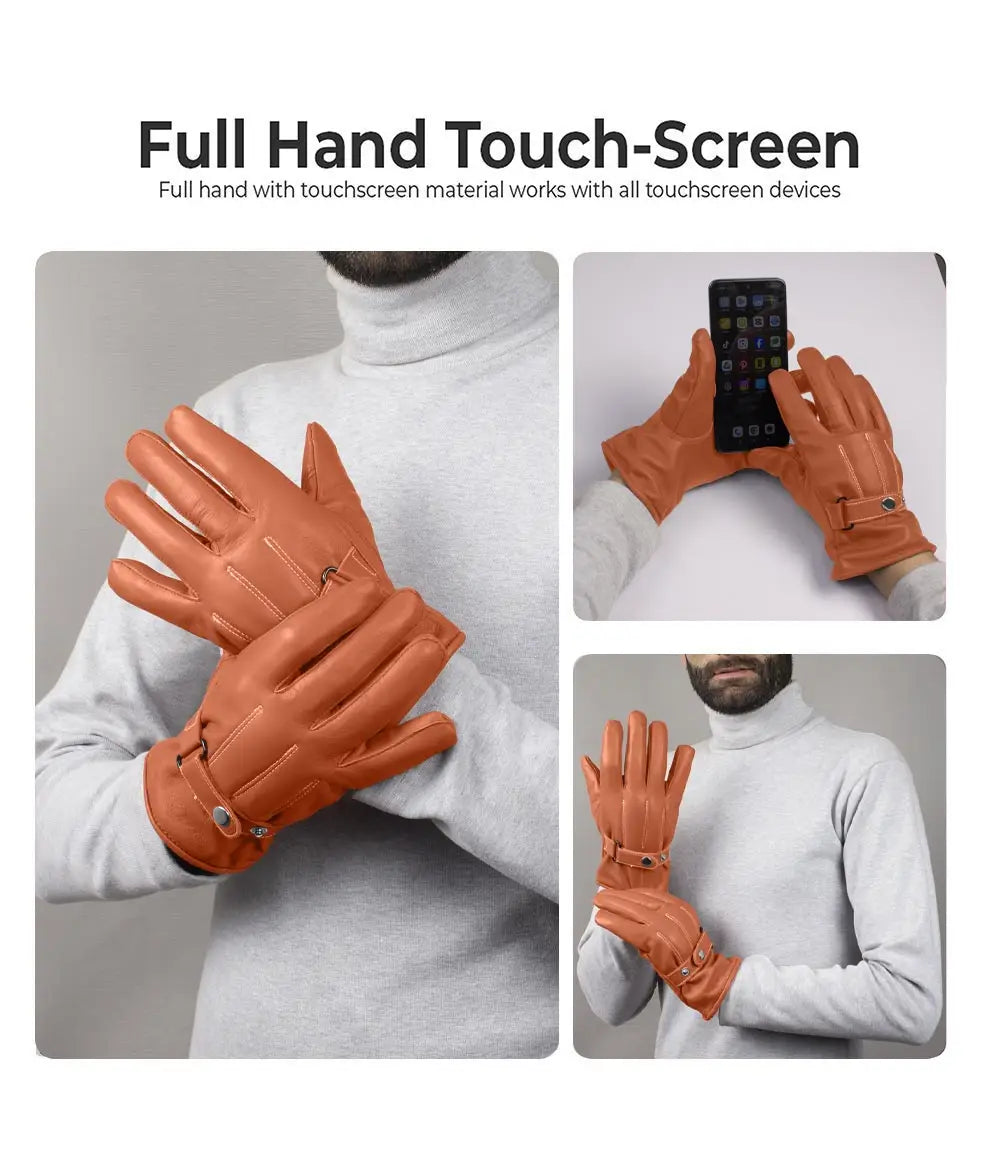 Mens Cognac Lined Real Leather Gloves