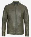 Mens Biker Racer Dark Green Leather Jacket