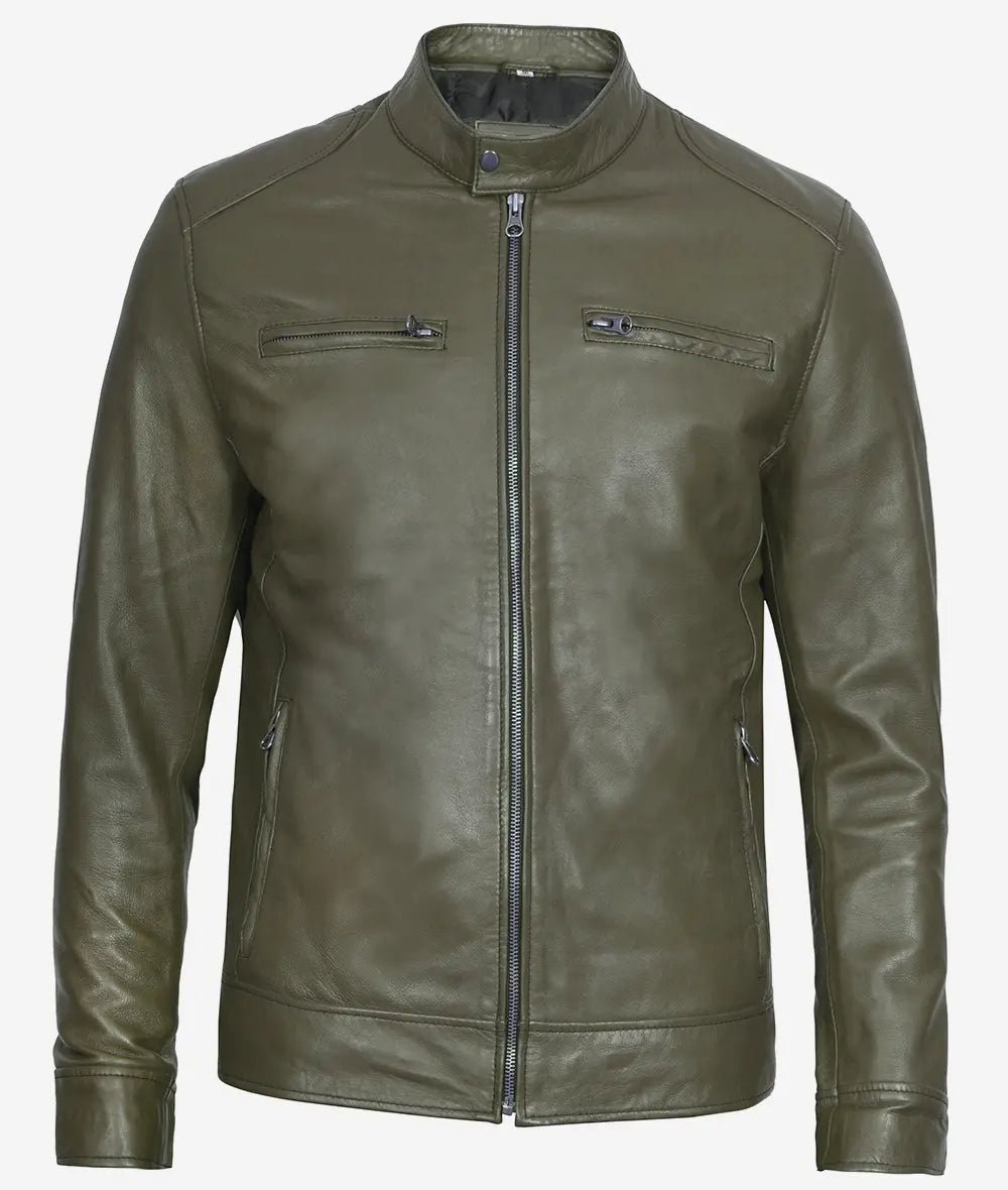 Mens Biker Racer Dark Green Leather Jacket