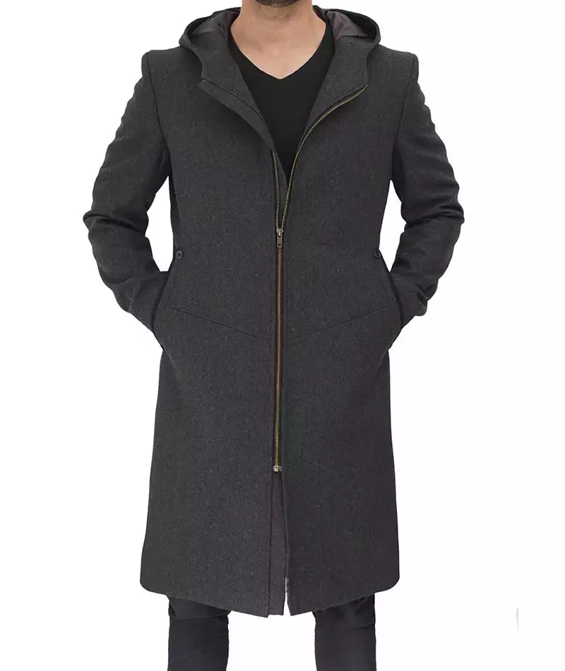 Mens Knee Length Grey Hooded Wool Coat