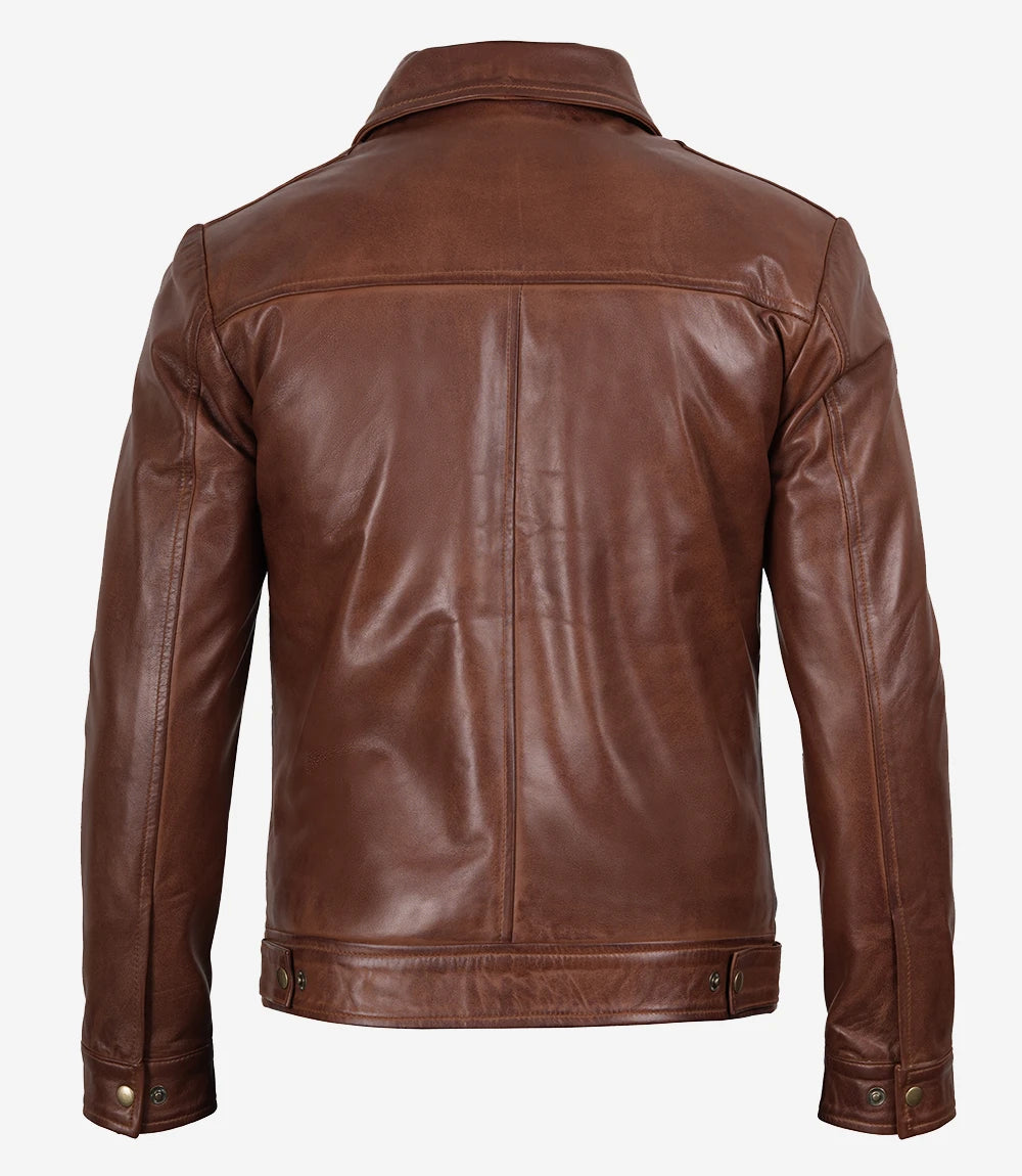 Reeves Brown Shirt Collar Front Zip Men Stylish Pebbled Leather Jacket