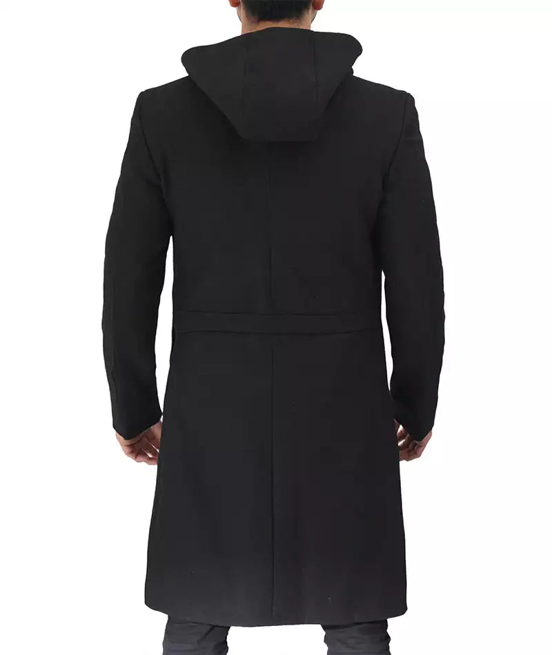 Mens Black Wool Coat with Hood