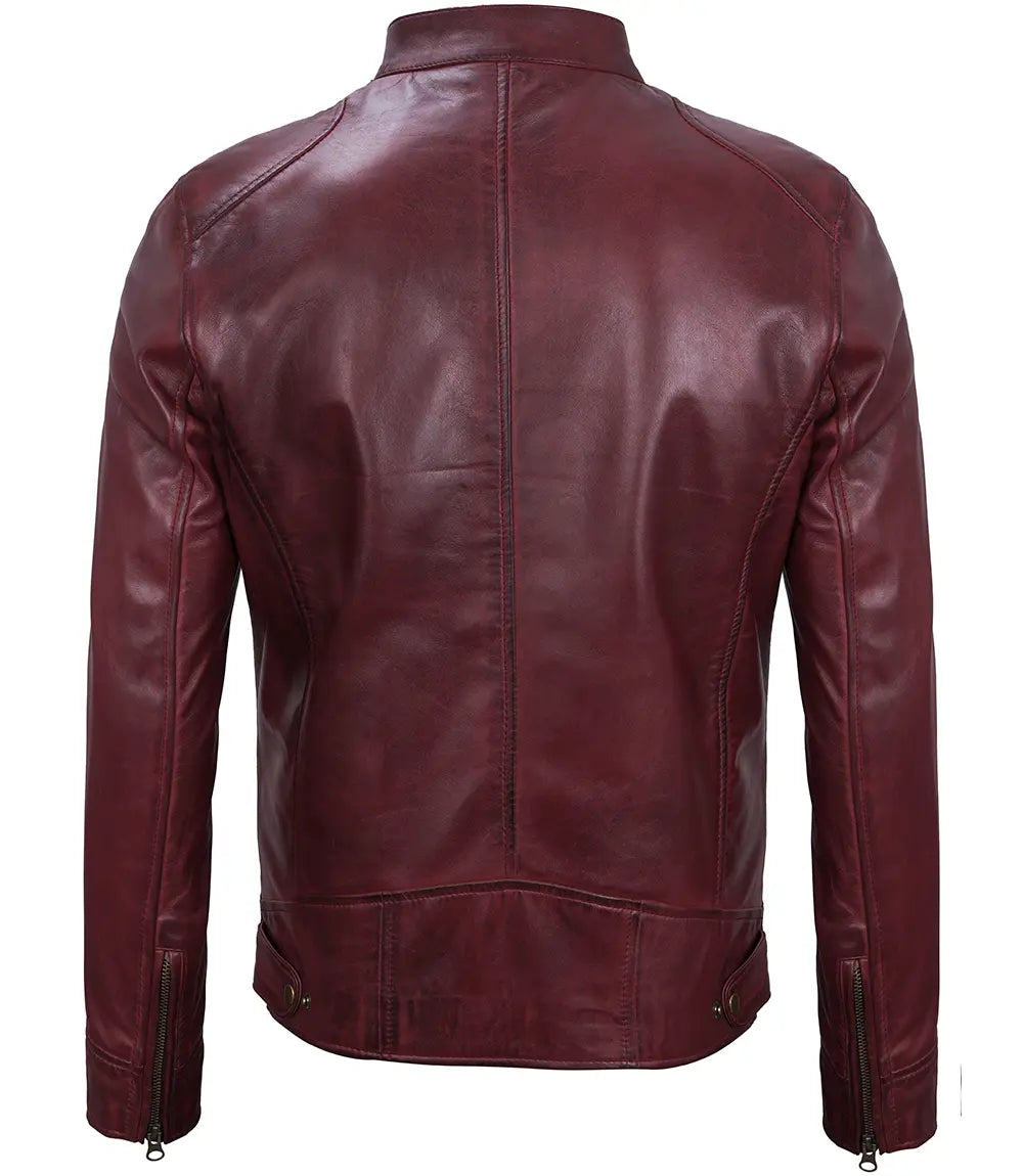 Mens Lambskin Maroon Cafe Racer Leather Jacket