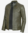 Mens Biker Racer Dark Green Leather Jacket