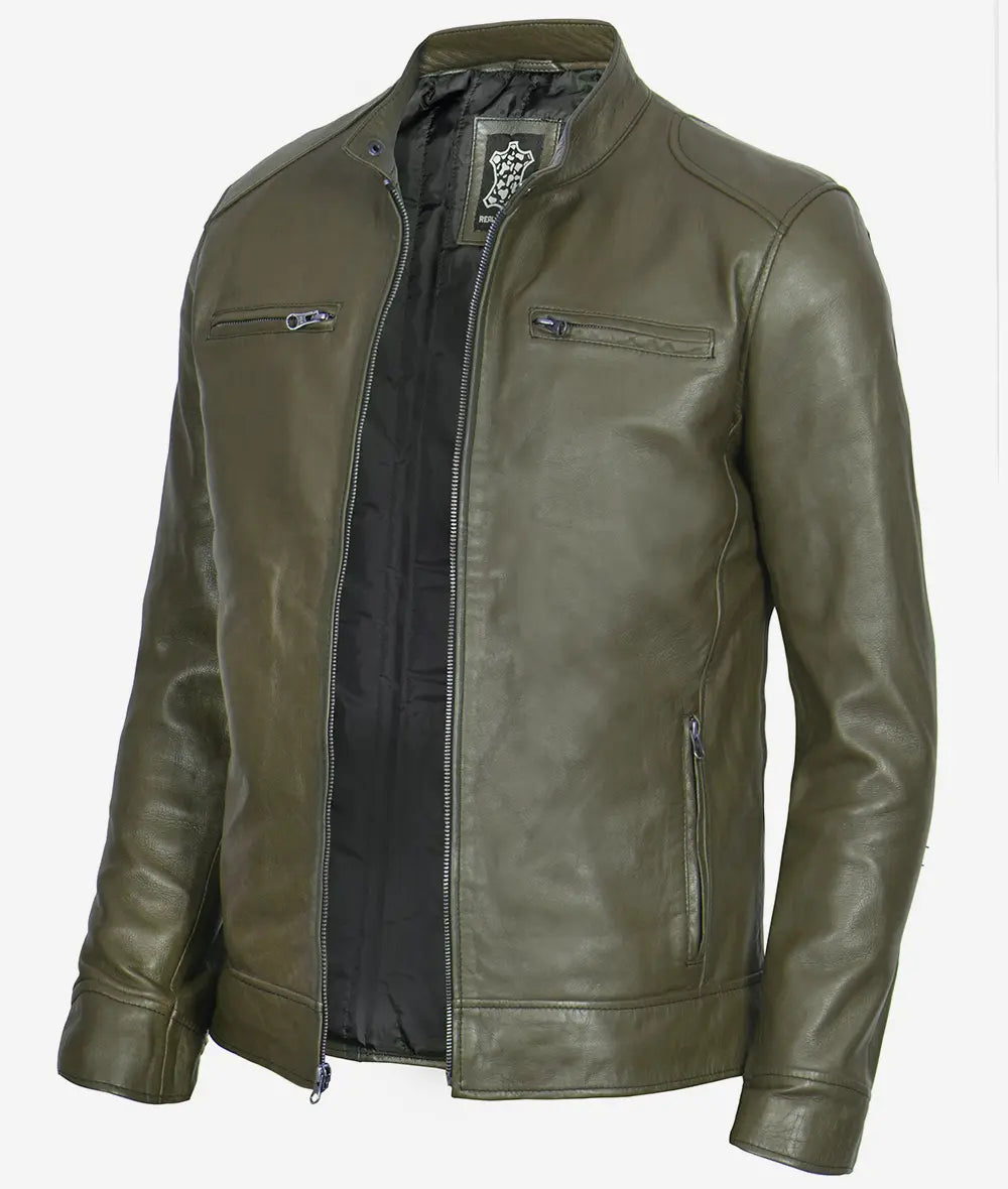 Mens Biker Racer Dark Green Leather Jacket