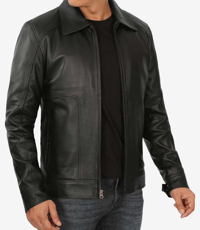 Mens Shirt Collar Classic Black Leather Jacket