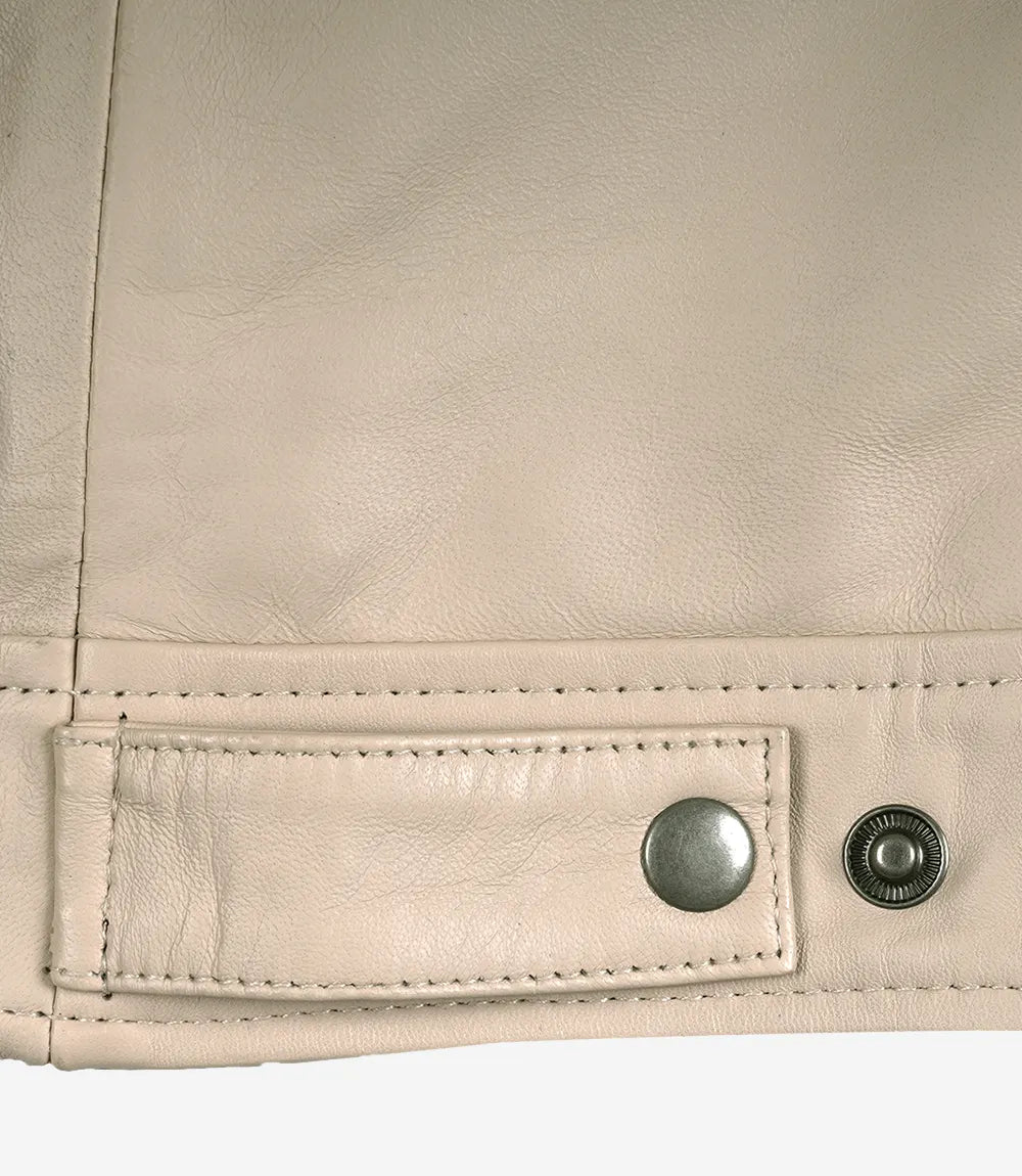 Mens Shirt Collar Beige Leather Jacket