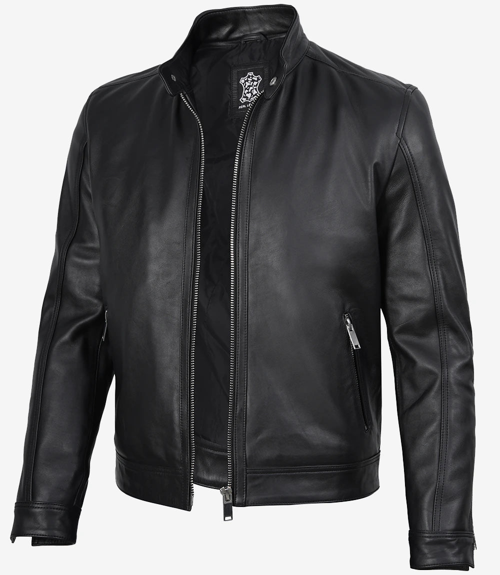 Mens Premium Black Cafe Racer Leather Jacket