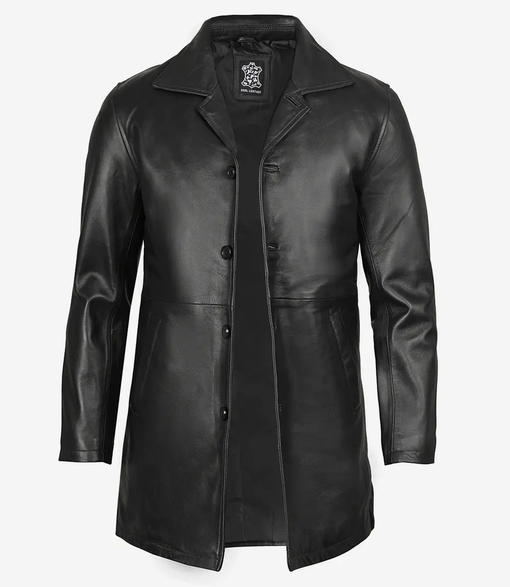 Mens Tall Distressed Black Long Leather Jacket