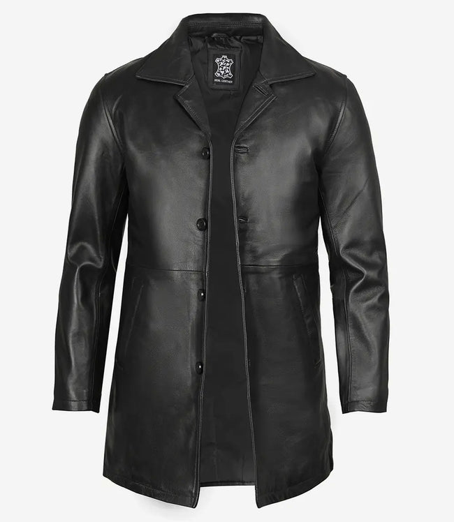 Mens Tall Distressed Black Long Leather Jacket
