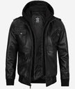 Mens Bomber Black Leather Jacket with Hood