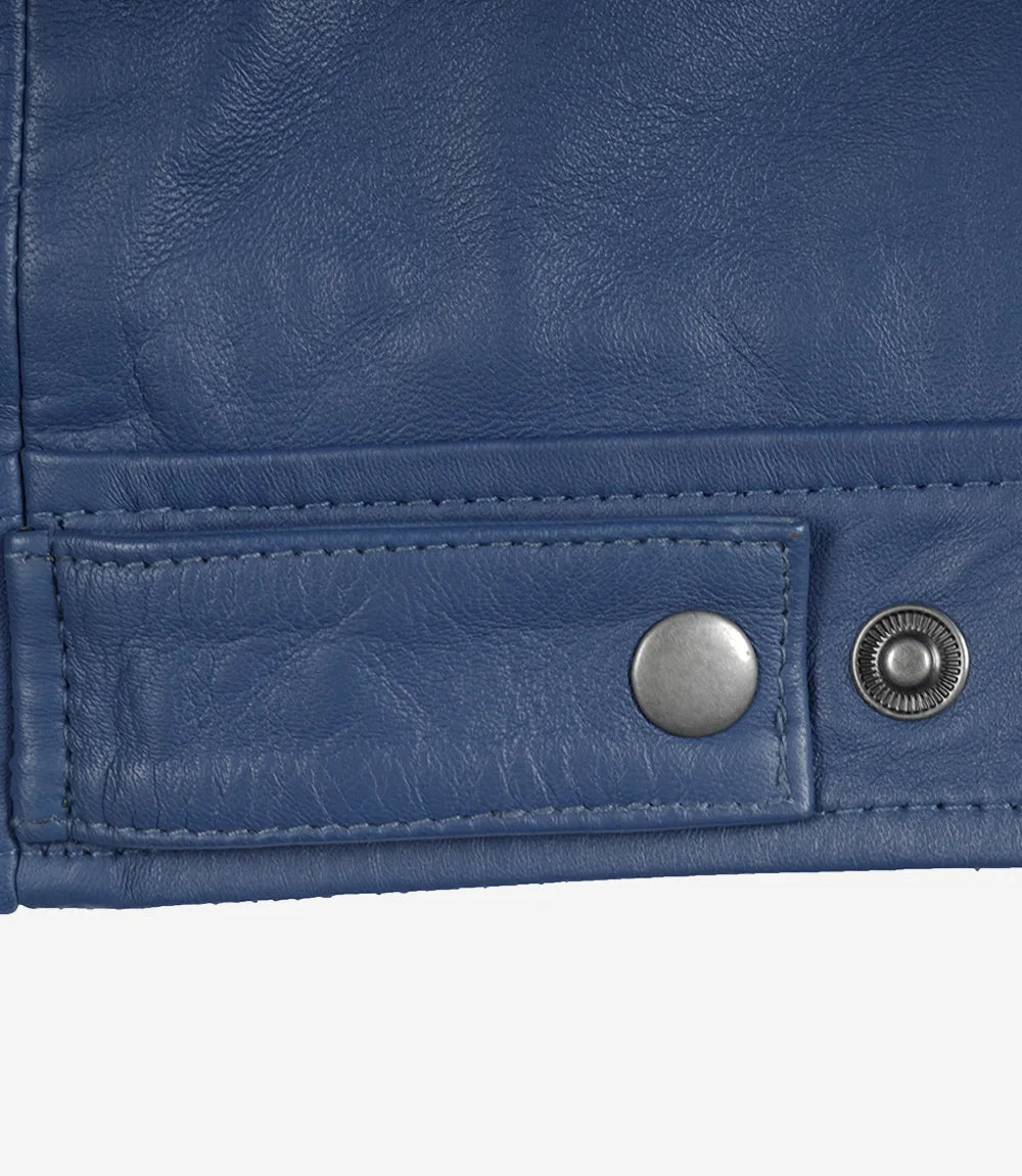 Mens Shirt Collar Blue Leather Jacket