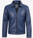 Mens Shirt Collar Blue Leather Jacket
