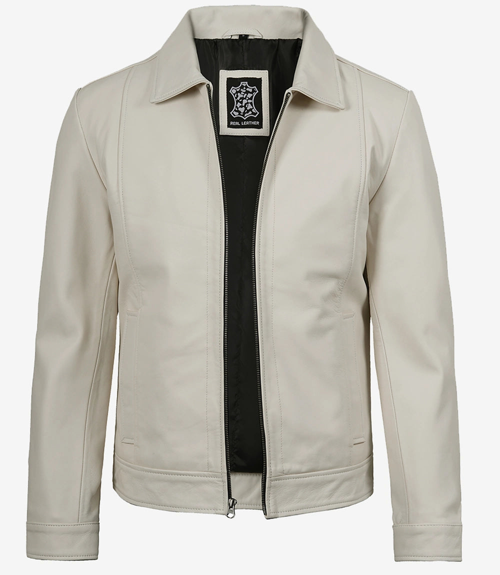 Mens Shirt Collar White Leather Jacket