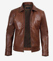 Reeves Brown Shirt Collar Front Zip Men Stylish Pebbled Leather Jacket