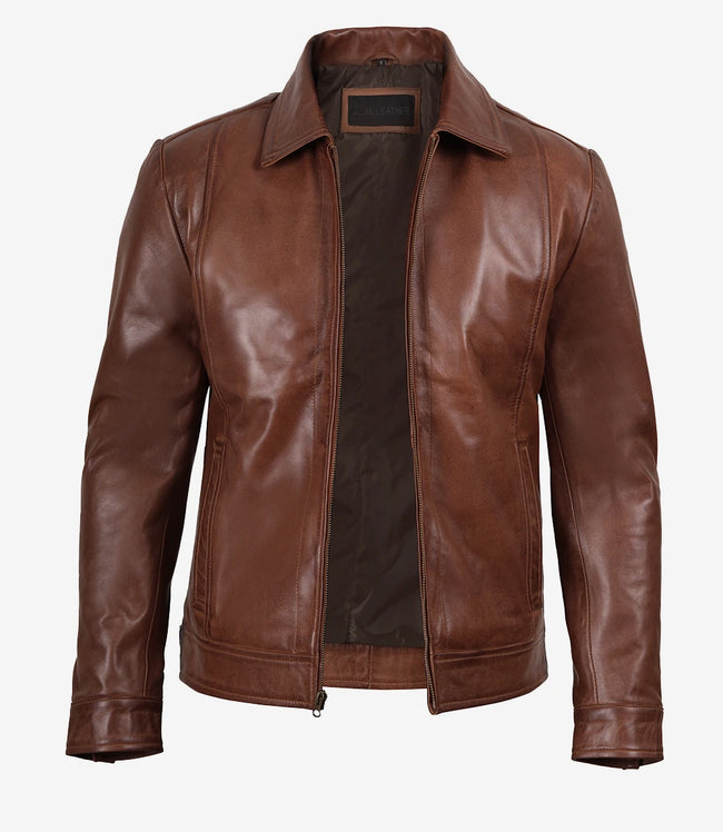Reeves Brown Shirt Collar Front Zip Men Stylish Pebbled Leather Jacket