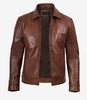 Reeves Brown Shirt Collar Front Zip Men Stylish Pebbled Leather Jacket