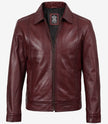 Mens Classic Shirt Collar Maroon Leather Jacket