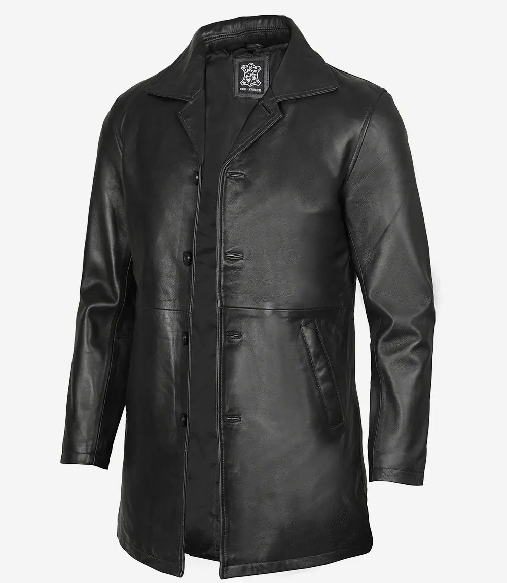 Mens Tall Distressed Black Long Leather Jacket